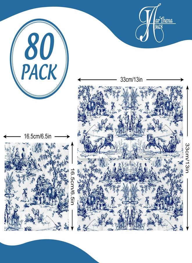 JarThenaAMCS مناديل ورقية زرقاء وبيضاء من JarThenaAMCS، 80 ورقة، مطبوعة بنقوش قرى فرنسية، للاستخدام مرة واحدة، مزينة بنقوش ريفية، مثالية لحفلات الغداء والعشاء، مقاس 6.5 × 6.5 بوصة. - Image 2